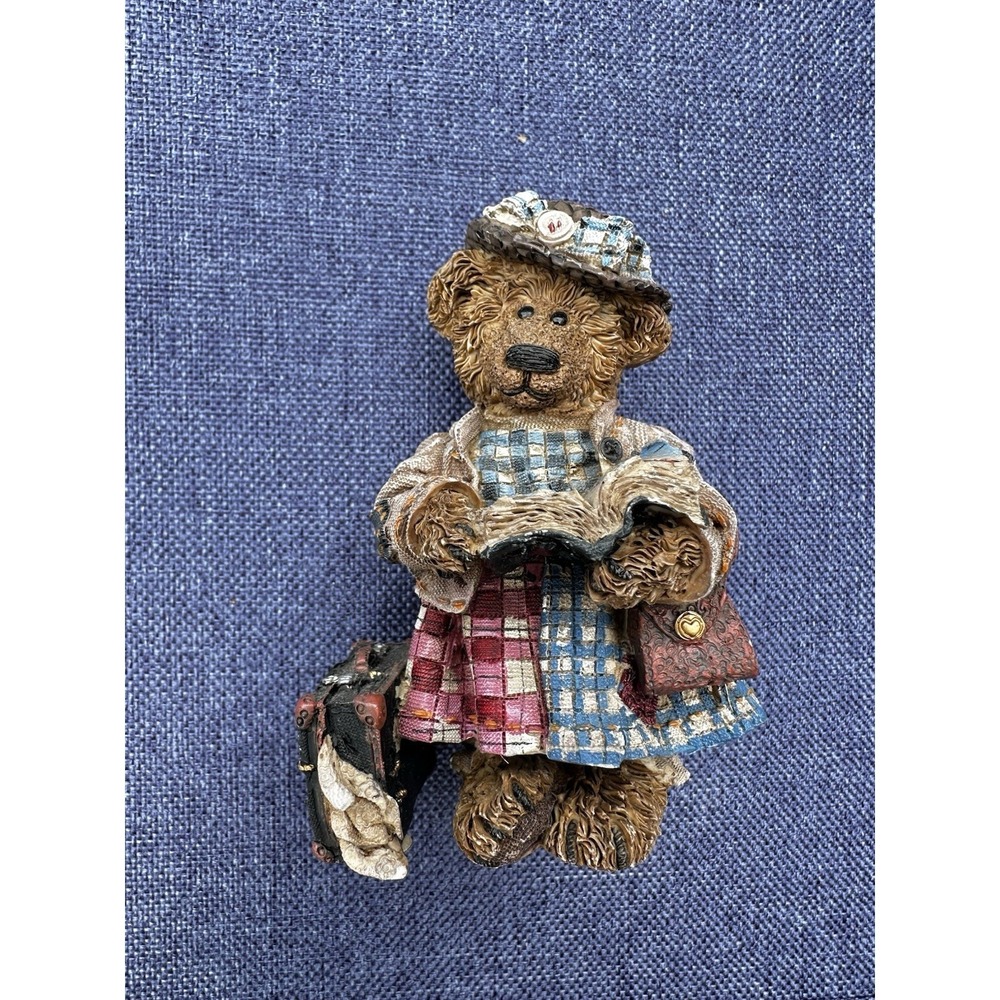 Resin Bear Figurine w/ Suitcase & Map, Small Brown Blue Red Beige